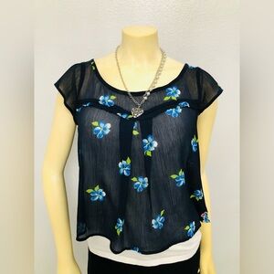 Hollister Navy Blue Sheer Top with Blue Floral Print